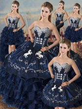 Fantastic Floor Length Navy Blue 15 Quinceanera Dress Satin and Organza Sleeveless Embroidery and Ruffles