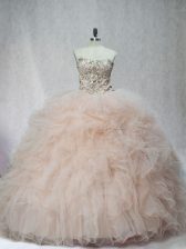 Artistic Champagne Ball Gowns Tulle Sweetheart Sleeveless Beading and Ruffles Lace Up Ball Gown Prom Dress