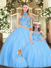 Top Selling Baby Blue Ball Gowns Tulle Halter Top Sleeveless Embroidery Floor Length Lace Up 15 Quinceanera Dress
