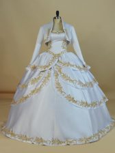 Beautiful White Lace Up Straps Embroidery 15 Quinceanera Dress Satin Sleeveless