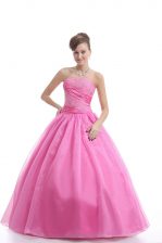 Superior Rose Pink Ball Gowns Organza Strapless Sleeveless Embroidery Floor Length Lace Up Quince Ball Gowns