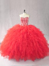 Romantic Red Sleeveless Tulle Lace Up Quinceanera Gown for Sweet 16 and Quinceanera