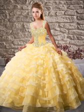 Discount Gold Ball Gown Prom Dress Straps Sleeveless Court Train Lace Up