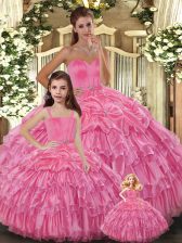 Dazzling Rose Pink Sweet 16 Dress Sweet 16 and Quinceanera with Ruffled Layers Sweetheart Sleeveless Lace Up