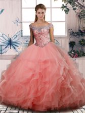  Off The Shoulder Sleeveless Quinceanera Gown Floor Length Beading Watermelon Red Tulle