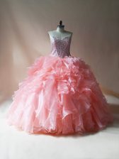 Great Organza Sweetheart Sleeveless Lace Up Beading and Ruffles Quinceanera Gowns in Pink 