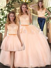  Peach Three Pieces Scoop Sleeveless Organza Floor Length Zipper Lace 15th Birthday Dress