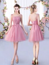 Unique Pink Scoop Lace Up Appliques and Belt Quinceanera Court of Honor Dress Sleeveless