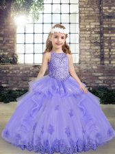 Attractive Floor Length Lavender Little Girls Pageant Dress Wholesale Scoop Sleeveless Lace Up