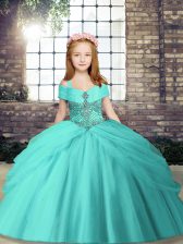 Dramatic Aqua Blue Sleeveless Tulle Lace Up Kids Pageant Dress for Party and Wedding Party