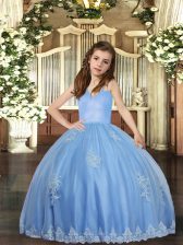  Baby Blue Tulle Lace Up Straps Sleeveless Floor Length Girls Pageant Dresses Appliques