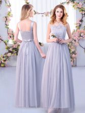 Charming Floor Length Side Zipper Dama Dress Grey for Wedding Party with Lace and Belt