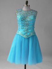 Extravagant Aqua Blue Sleeveless Mini Length Beading and Sequins Lace Up Evening Dress
