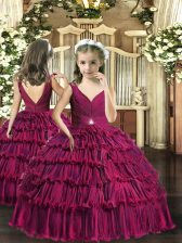 High Quality Fuchsia Ball Gowns Beading and Ruffled Layers Little Girls Pageant Gowns Backless Sleeveless Floor Length