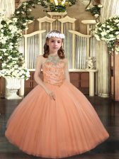 Customized Peach Ball Gowns Beading Pageant Gowns For Girls Lace Up Tulle Sleeveless Floor Length