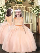  Peach Organza Zipper Scoop Sleeveless Floor Length Little Girls Pageant Dress Lace
