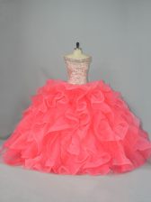 Most Popular Watermelon Red Off The Shoulder Lace Up Beading and Ruffles Sweet 16 Dresses Sleeveless