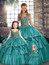 Perfect Teal Straps Neckline Beading and Ruffled Layers Quinceanera Gowns Sleeveless Lace Up