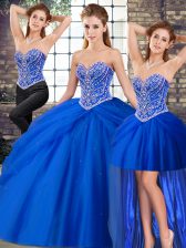  Royal Blue Lace Up Sweetheart Beading and Pick Ups Ball Gown Prom Dress Tulle Sleeveless Brush Train