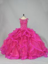 High End Beading and Ruffles Quinceanera Dresses Hot Pink Lace Up Sleeveless Brush Train