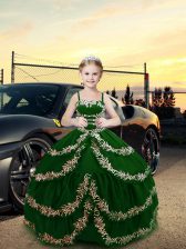  Dark Green Ball Gowns Embroidery Custom Made Pageant Dress Lace Up Satin Sleeveless Floor Length