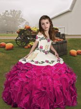  Fuchsia Lace Up Kids Pageant Dress Embroidery and Ruffles Sleeveless Floor Length