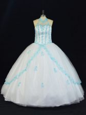 Adorable Sleeveless Tulle Floor Length Lace Up Sweet 16 Dress in Blue And White with Appliques