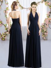 Gorgeous Navy Blue Lace Up Halter Top Ruching Quinceanera Court of Honor Dress Chiffon Sleeveless