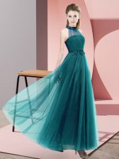 Fashion Teal Halter Top Lace Up Beading and Appliques Quinceanera Court of Honor Dress Sleeveless