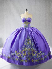 Admirable Purple Satin Lace Up Ball Gown Prom Dress Sleeveless Floor Length Embroidery