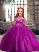  Fuchsia Ball Gowns High-neck Sleeveless Tulle Floor Length Lace Up Beading Little Girls Pageant Dress Wholesale