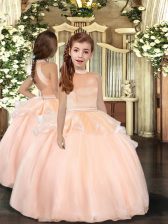  Sleeveless Organza Floor Length Backless Kids Pageant Dress in Peach with Beading