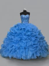 New Style Sleeveless Organza Floor Length Lace Up Vestidos de Quinceanera in Blue with Beading and Ruffles