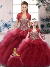  Burgundy Tulle Lace Up Off The Shoulder Sleeveless Floor Length Sweet 16 Dress Beading and Ruffles