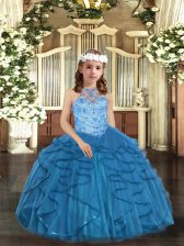  Sleeveless Tulle Floor Length Lace Up Little Girl Pageant Dress in Blue with Beading and Ruffles