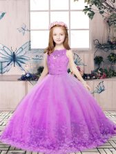  Lilac Backless Little Girls Pageant Dress Sleeveless Floor Length Lace and Appliques