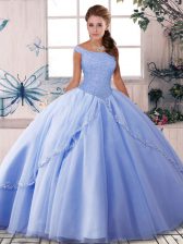 Custom Designed Off The Shoulder Sleeveless Brush Train Lace Up Quince Ball Gowns Lavender Tulle