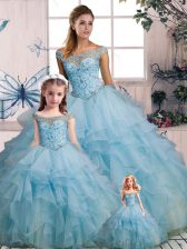 Super Light Blue 15th Birthday Dress Military Ball and Sweet 16 and Quinceanera with Beading and Ruffles Off The Shoulder Sleeveless Lace Up