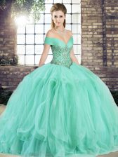 Fashion Apple Green Tulle Lace Up Off The Shoulder Sleeveless Floor Length Vestidos de Quinceanera Beading and Ruffles