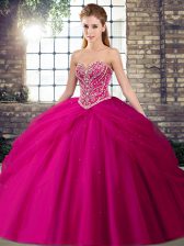 Attractive Fuchsia Sleeveless Tulle Brush Train Lace Up 15 Quinceanera Dress for Military Ball and Sweet 16 and Quinceanera