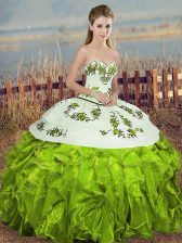  Olive Green Sleeveless Embroidery and Ruffles and Bowknot Floor Length 15th Birthday Dress