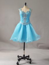 Trendy Aqua Blue Sleeveless Beading Mini Length Prom Dress