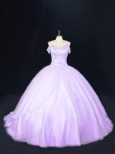Modest Lavender Tulle Lace Up Off The Shoulder Sleeveless Ball Gown Prom Dress Court Train Beading