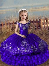  Purple Sleeveless Satin and Organza Lace Up Pageant Gowns For Girls for Wedding Party