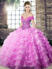  Lilac Ball Gowns Beading and Ruffled Layers 15 Quinceanera Dress Lace Up Organza Sleeveless
