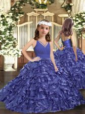  Floor Length Lavender Little Girls Pageant Dress V-neck Sleeveless Zipper