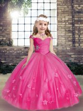High Class Hot Pink Lace Up Straps Beading and Hand Made Flower Pageant Gowns For Girls Tulle Sleeveless
