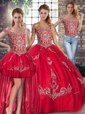  Red Off The Shoulder Lace Up Beading and Embroidery Sweet 16 Dresses Sleeveless