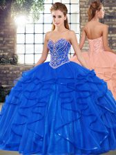 Top Selling Floor Length Lace Up 15th Birthday Dress Royal Blue for Military Ball and Sweet 16 and Quinceanera with Beading and Ruffles