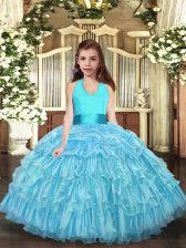  Aqua Blue Organza Lace Up Pageant Dress Sleeveless Floor Length Ruffled Layers